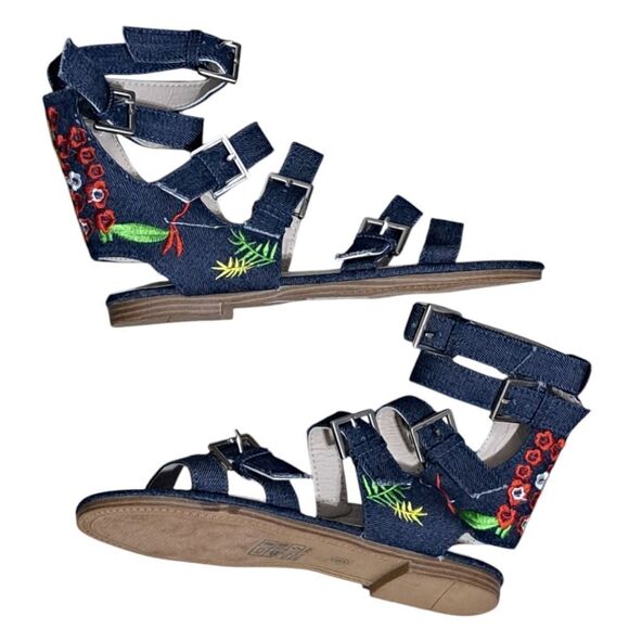 Vintage Havana Nina Black Denim Floral Embroidered Gladiator Sandal Size 8 Blue - Picture 7 of 15